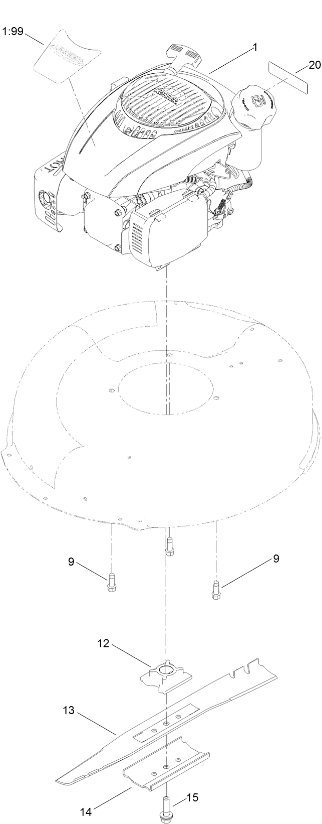 Engine And Blade Assembly Diagram and Parts List for 17730 405665001 - 999999999 Lawn Boy Lawn Mower